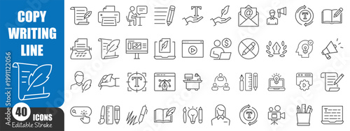 Copywriting Line Icons Set – Content Creation, Writing, Marketing and Editing Outline Vector Collection