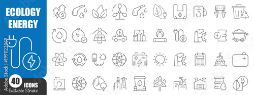 Ecology and Renewable Energy Line Icons Collection, Green Energy Environment and Sustainability Vector Set Editable Stroke