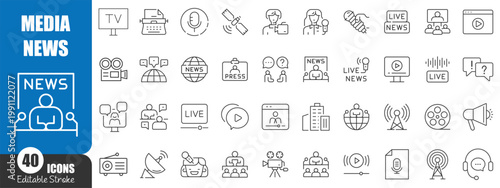 Media and News Line Icons Set – Journalism, Broadcasting, Podcast and Communication Outline Vector Collection