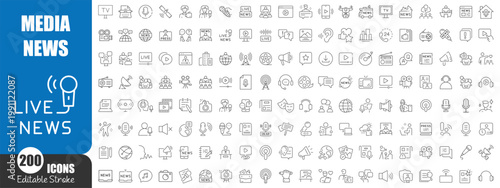Media and News Line Icons Set – Journalism, Broadcasting, Podcast and Communication Outline Vector Collection
