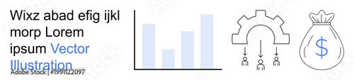 Business workflow, financial growth, resource management, economic strategy, teamwork processes, productivity analysis. Includes chart, gear with arrows and money bag icon. Business workflow