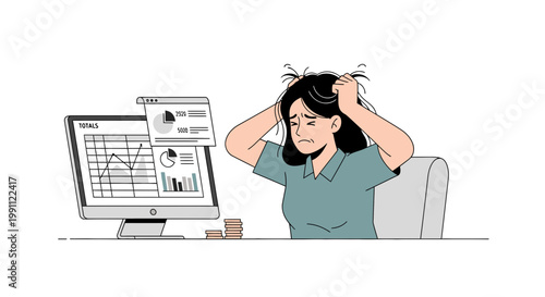 Tableau sur toile Woman Pulling Hair While Reviewing Financial Totals Minimalist Vector Illustrati