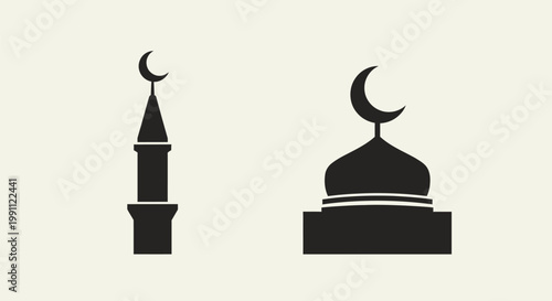 Black silhouette of mosque minaret and dome.
