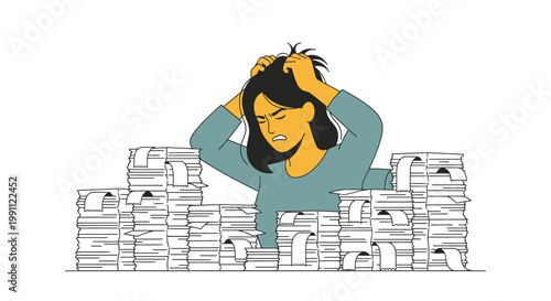 Frustrated woman pulling hair while sorting receipt piles vector illustration