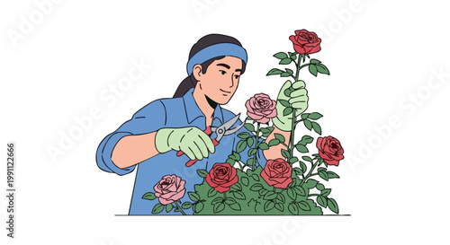 Woman gardener pruning red and pink roses with shears