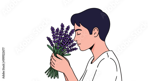 Man smelling fresh lavender bouquet on black background