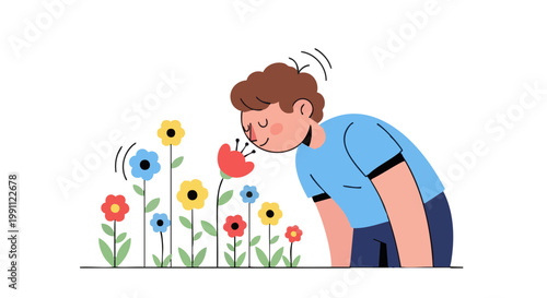 Young man smelling colorful meadow flowers in flat vector illustration