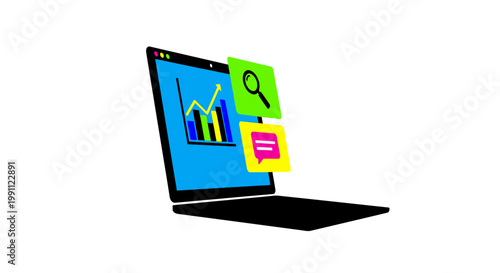 Laptop with colorful screen icons.