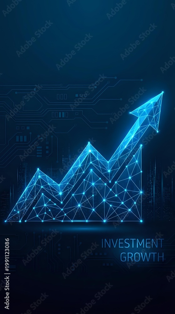 Naklejka premium Digital growth arrow with polygonal wireframe design on dark blue technology background showing upward trend for business and finance concepts.