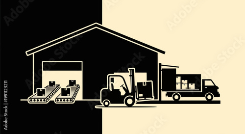 Forklift loading truck in warehouse.