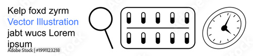 Healthcare access, medication use, time management, pharmaceutical research, diagnostics, health awareness. Graphic includes magnifying glass, pill blister pack and clock. Healthcare and medication