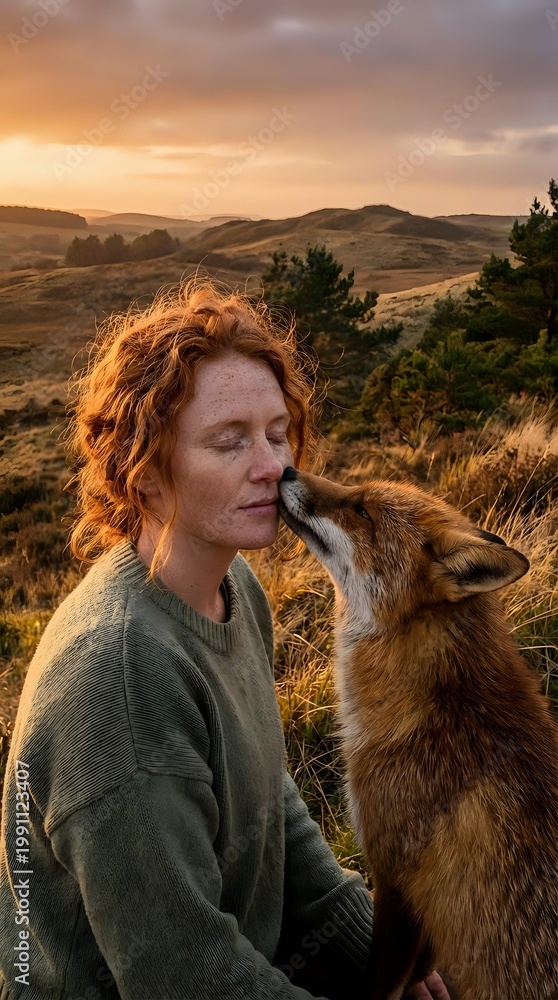 Obraz premium Red-haired woman with freckles bonding with wild fox during golden hour sunset in rolling countryside hills creating magical wildlife connection moment.