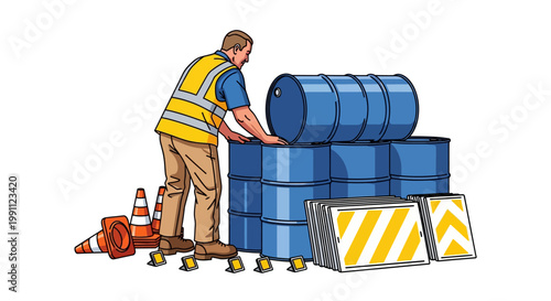 Tableau sur toile Worker organizing barrels and traffic cones in safety vest