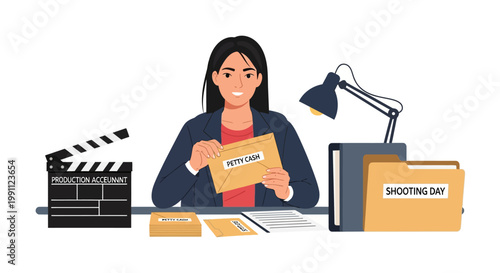 Film production budgeting scene with petty cash organizer and shooting day setup
