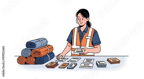 Hotel staff organizing room assignments and guest services in modern flat design