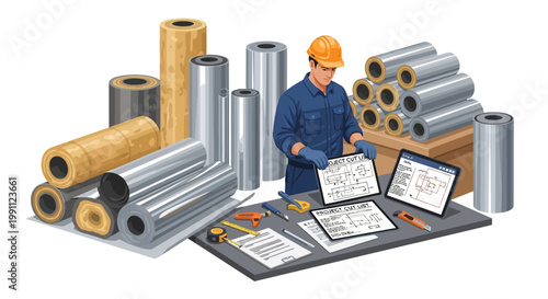 Construction worker with building plans in industrial setting
