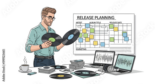 Music release planning in office setting with vinyl and digital media