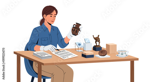 Curator examining ancient artifacts in modern museum setting