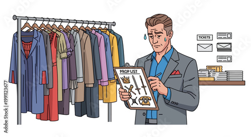 Theater wardrobe selection: man choosing props and costumes for a stage performance