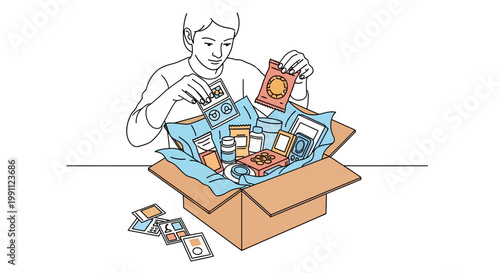 Person unpacking box of diverse food items in line art style