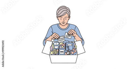 Person unpacking self-care package with skincare and candle products in hand-drawn style
