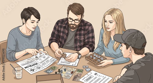 Group enjoying tabletop role-playing game with dice and character sheets