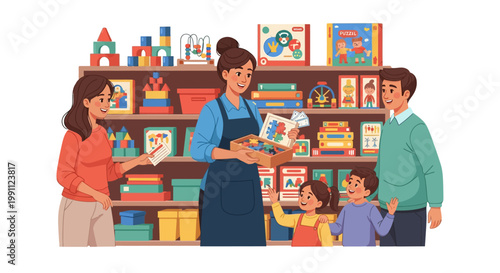 Family exploring educational toys in a store with friendly staff assistance