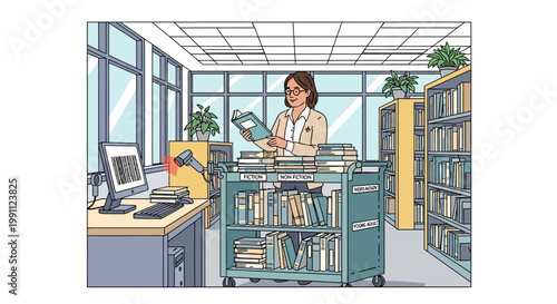 Librarian organizing books in modern library with barcode scanner