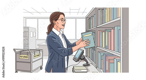 Librarian shelving books in modern library with scanner in hand-drawn style