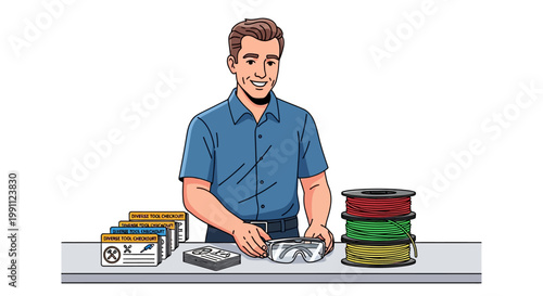 Technician preparing safety gear at workbench with colored cables