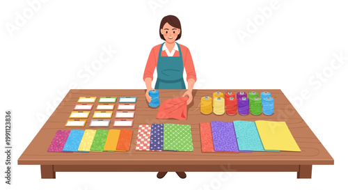 Craft store owner organizing colorful yarn and fabric on wooden table