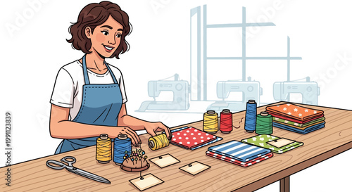 Seamstress organizing fabric and sewing supplies at workshop table