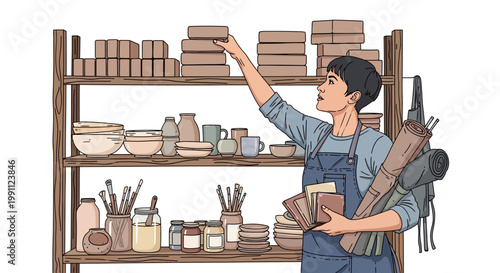 Pottery shop organization with artisan in apron arranging ceramic supplies on shelves