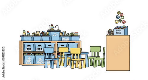 Colorful classroom with wooden furniture and toy storage in cute flat design