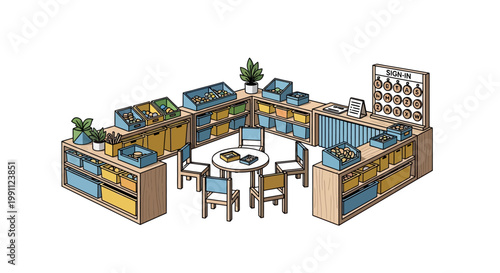 Cozy isometric library reading corner with bookshelves and sign-in area
