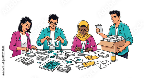 Diverse group preparing awareness campaign materials