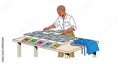 Person organizing meal trays and packages at table with blue apron
