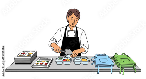 School chef preparing healthy lunches with balanced nutrition packs