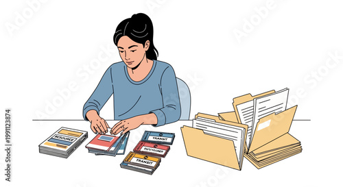 Office worker organizing documents and files into folders in a flat design