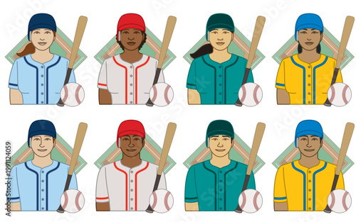 diversity, race, ethnicity of baseball batter or hitter, vector icons, male and female, wearing protective cap and uniform, baseball bat and ball, diamond field, isolated on a white background