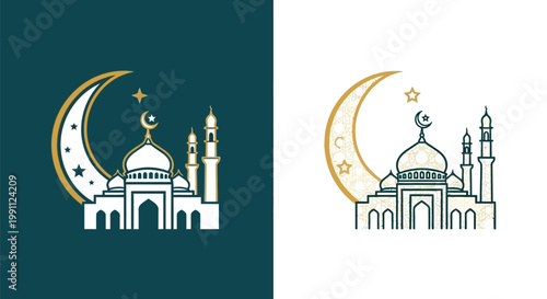 Mosque with crescent moon and stars.