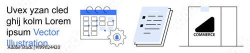 Project management, scheduling, e-commerce, business planning, document organization, workflow analytics. Calendar, gear documents and commerce icon . Project management and scheduling concept