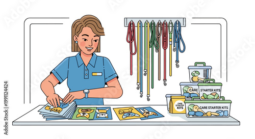 Pet store employee organizing animal kits and colorful leashes at the counter