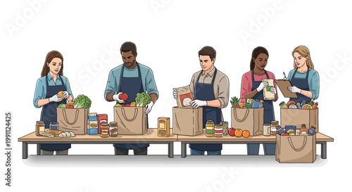 Volunteers organizing food donations at table for community support initiative