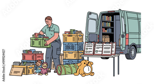 Mobile library book delivery with van setup and book sorting by volunteer