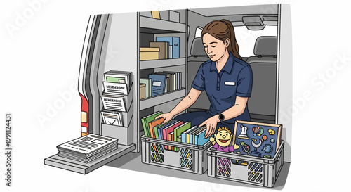Mobile library service with books and toys in a van