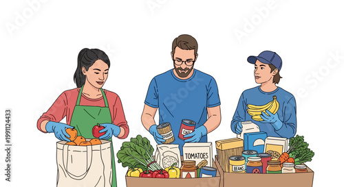 Volunteers organizing food donations at community center