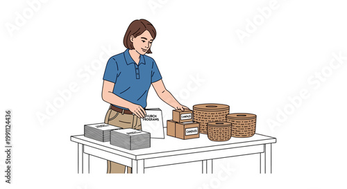 Woman organizing church event supplies at a table