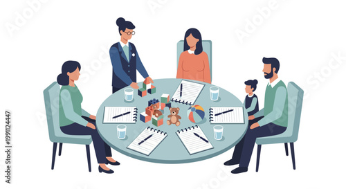 Diverse team meeting with toys and notes in office setting