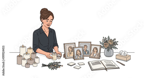 Memorial gathering with framed photos, candles, and guestbook